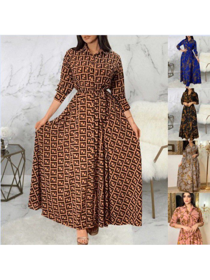 New retro floral print single breasted belt long dress 