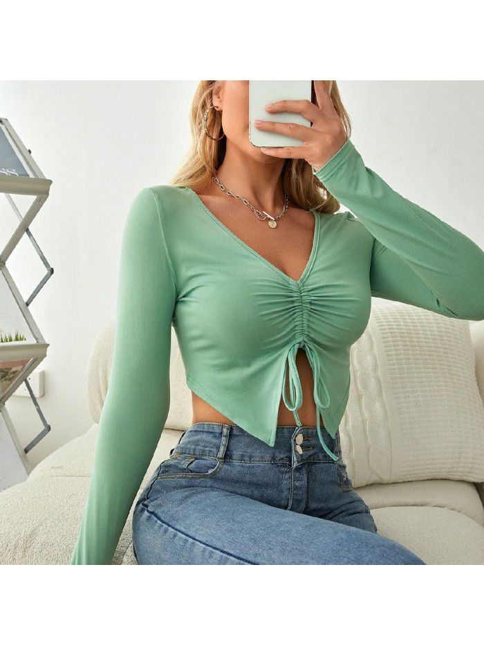 V-neck long sleeved drawstring slim fitting exposed navel top breathable pleated solid color simple sweet T-shirt Women's casual spring and autumn top 