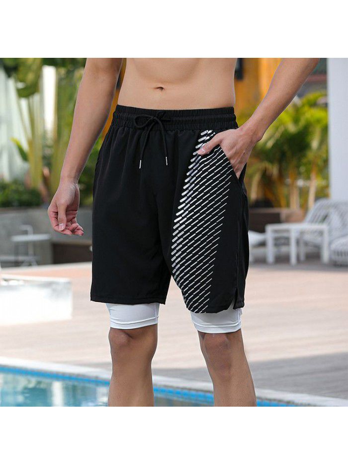 Fake Two Piece Double Layer Quick Drying Sports Shorts for Men's New Printed Breathable Split Running Fitness Capris 