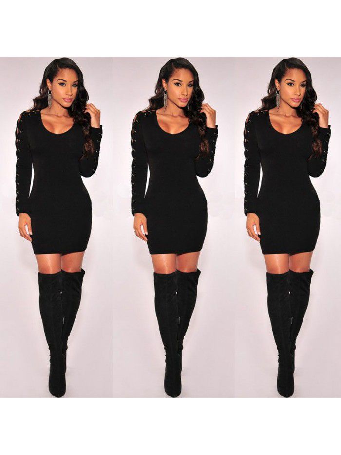 Spring and Autumn New Popular Women's Round Neck Strap Off Shoulder Black Dress 