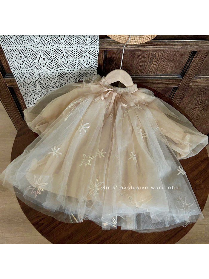 Korean Children's Wear New Autumn Girls' Mesh Princess Dress Lantern Sleeve Temperament Dress Sequin Birthday Dress 