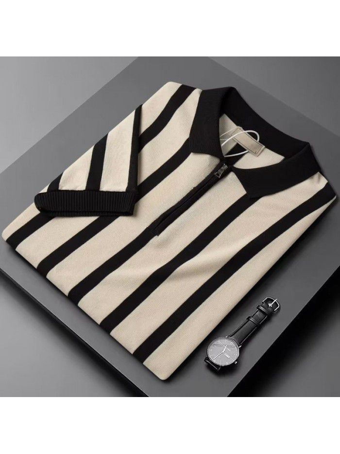 Half Zip Striped Polo Shirt Light Mature Summer Men's Short Sleeve T-shirt Trend Korean Knitted Casual Half Sleeves 
