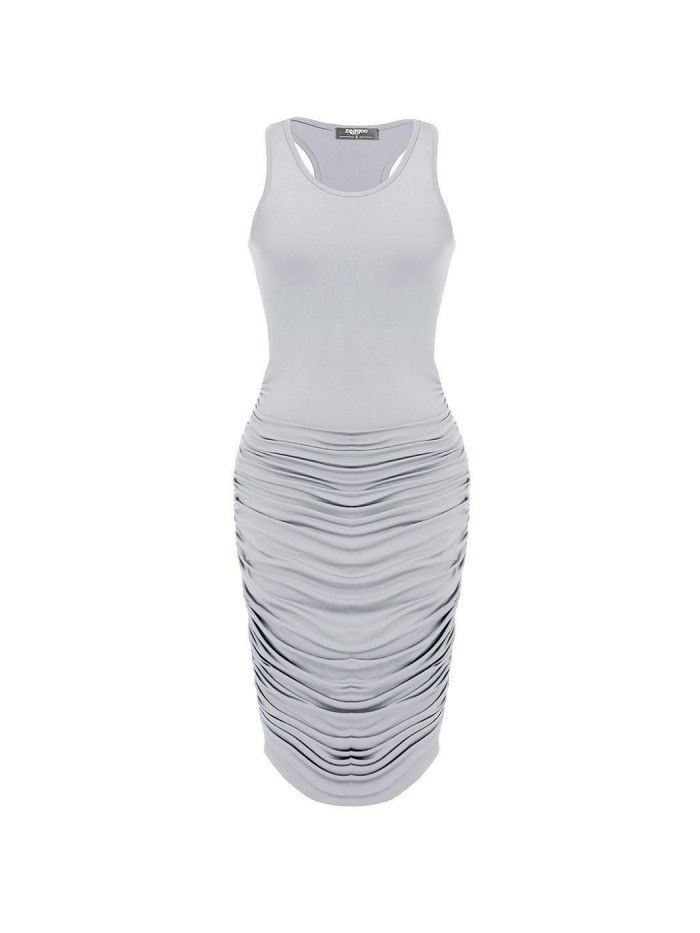 Summer European and American Fashion Women's Sexy Dress Slim Fit Pleated Sleeveless Tank Top Wrapped Hip Dress