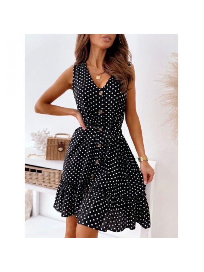Summer Lace up V-neck Mid length Dress Temperament Commuter New Wave Dot Dress 