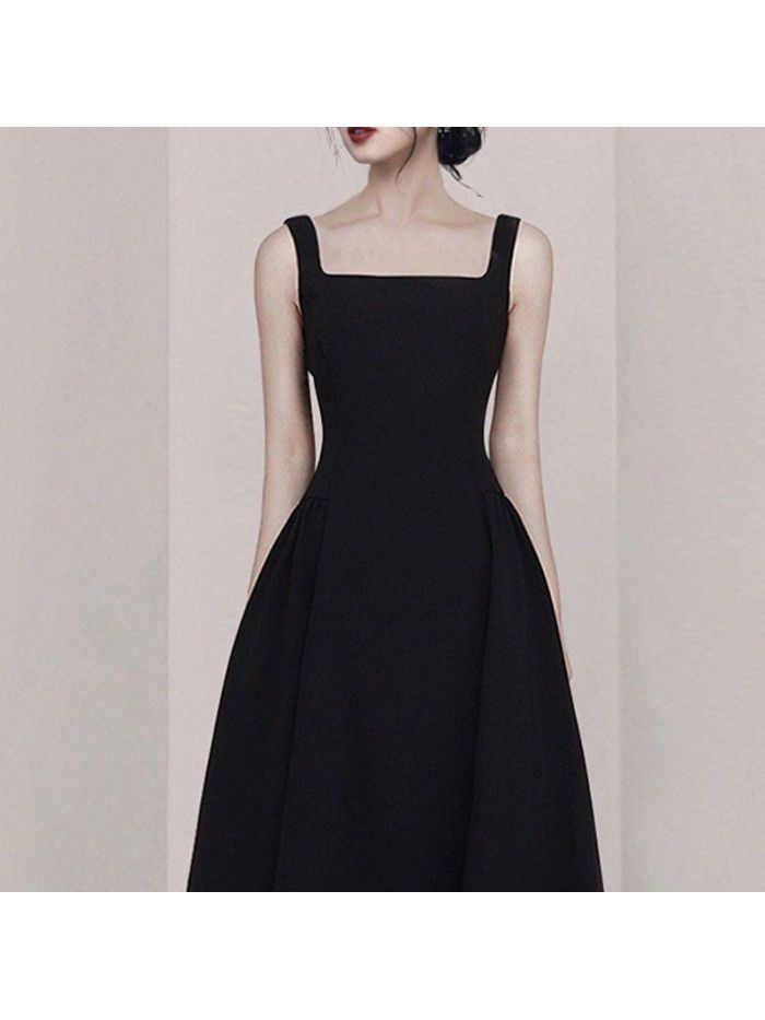 Minimalist suspender dress, French daily outfit, waist up and slimming dress 