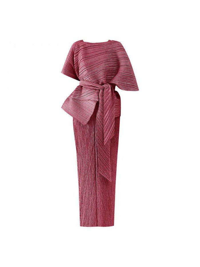 Summer New Two Piece Set Temperament Women's Slim Fit Long Party Fashion Pleated Dress 