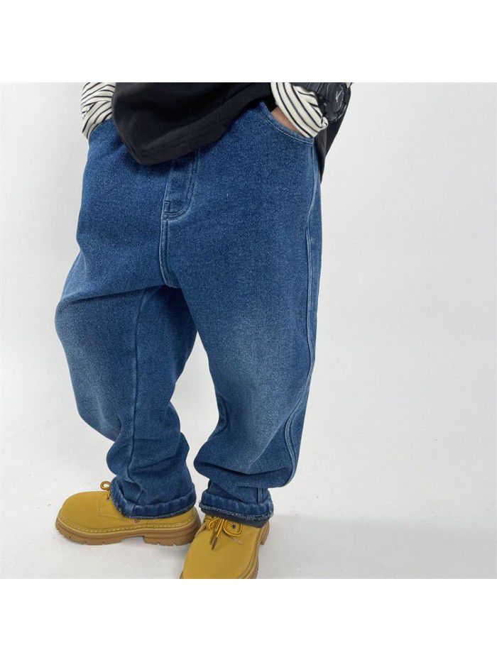Boys' Jeans New Plush Jeans Relaxed Workwear Jeans Soft Denim Pants 