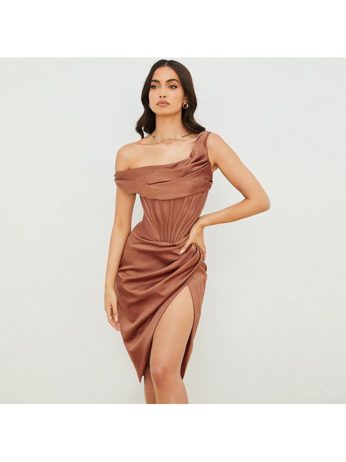 Women's diagonal shoulder fishbone pleated backless tight split panel sexy temperament dress 