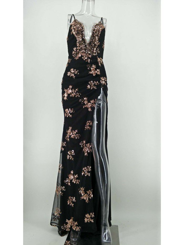New Sequin Strap Sexy Open Back Long Dress with Deep V-neck Split Floor Dress 