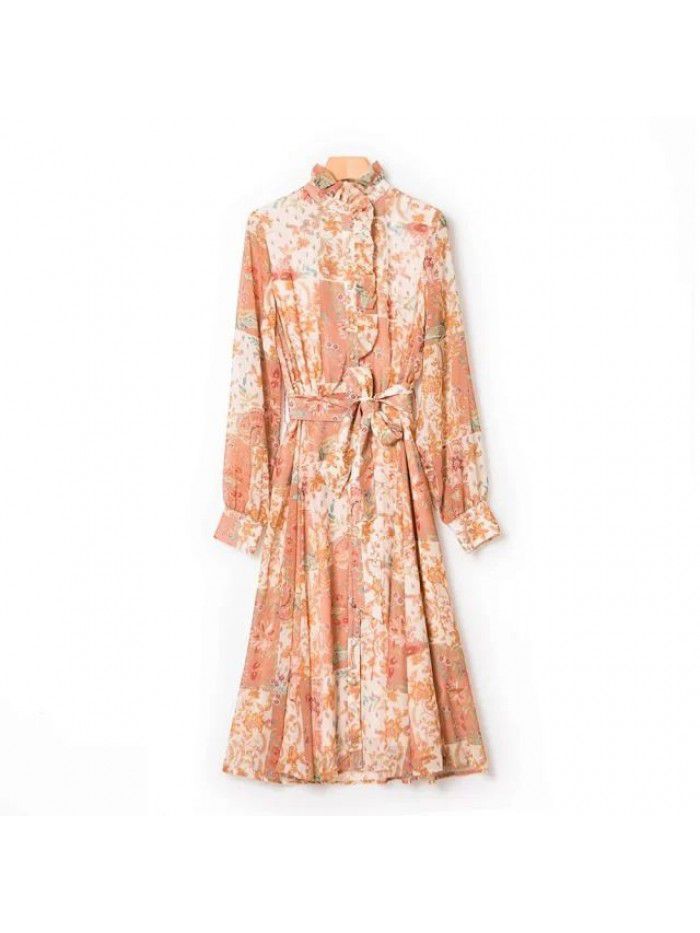 Spring/Summer New Wooden Ear Collar Print Mid length Holiday Style Belt Dress 