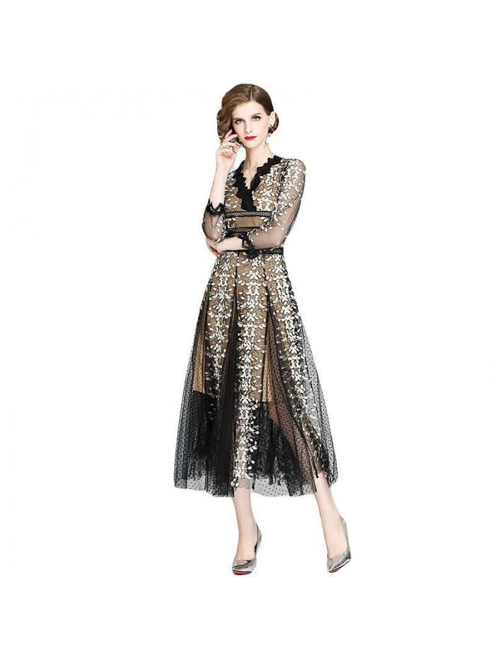 Early Autumn Women's Elegant and Elegant Style, Celebrity Shows Slim V-neck, 9/4 Sleeve Large Swing Long Dress Dress Dress 