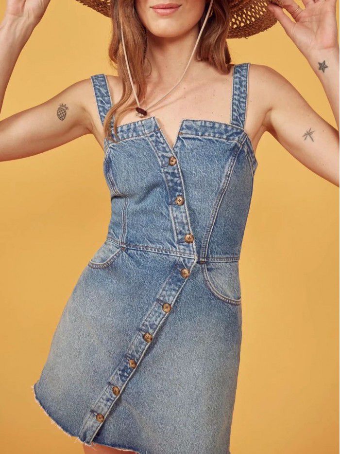 Spring/Summer Wrapped Chest Diagonal Button Denim Skirt Slim Fit Slim Slim Slim Slim Strap Dress Trendy Denim Skirt 