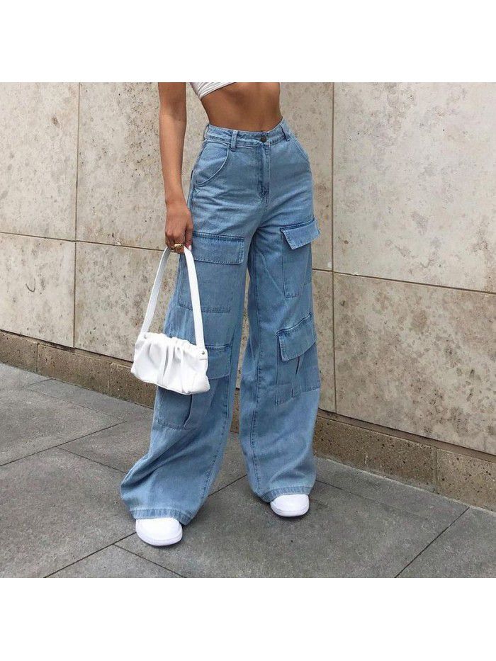 Women's Jeans Wash Large Pocket Loose Women's Denim Pants 