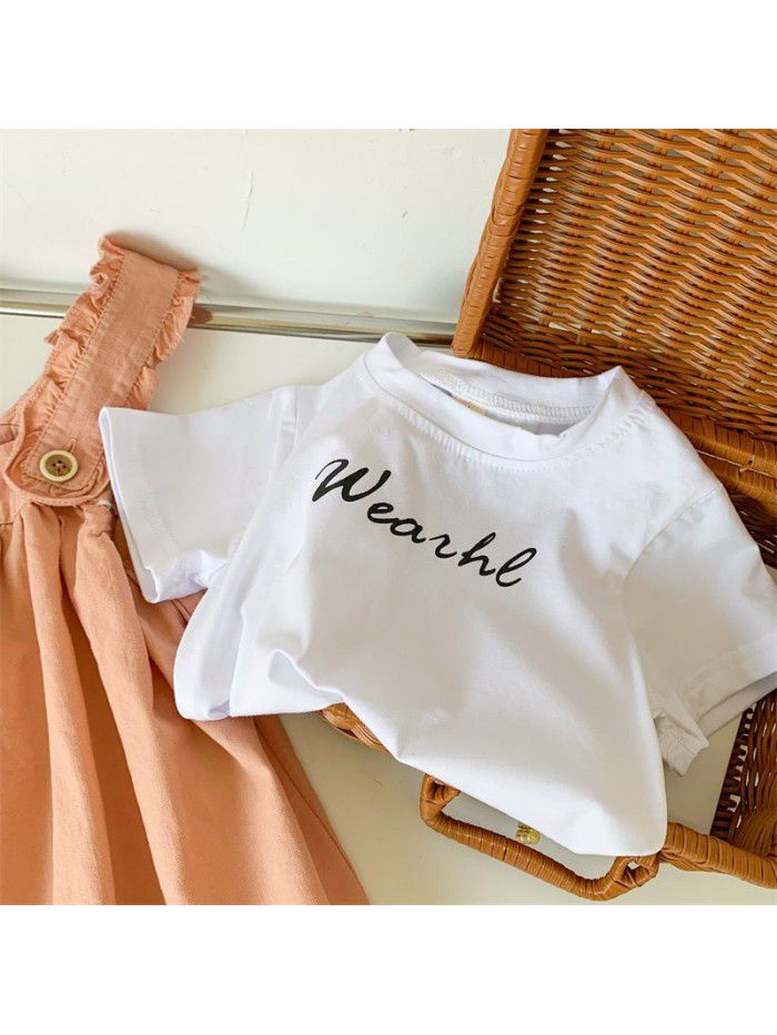 Girls' Strap Dress Set Summer New Korean Women's Treasure Letter T-shirt Short Sleeve Strap Dress Pink 