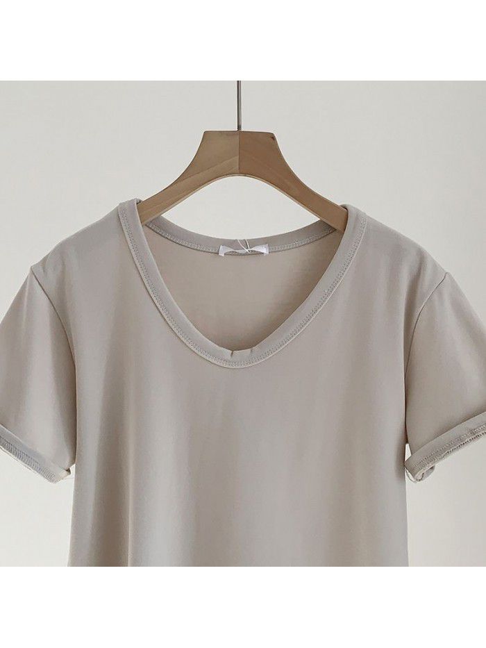 V-neck brushed T-shirt for women's early autumn new product temperament Korean Morandi solid color versatile short sleeved T-shirt for women 