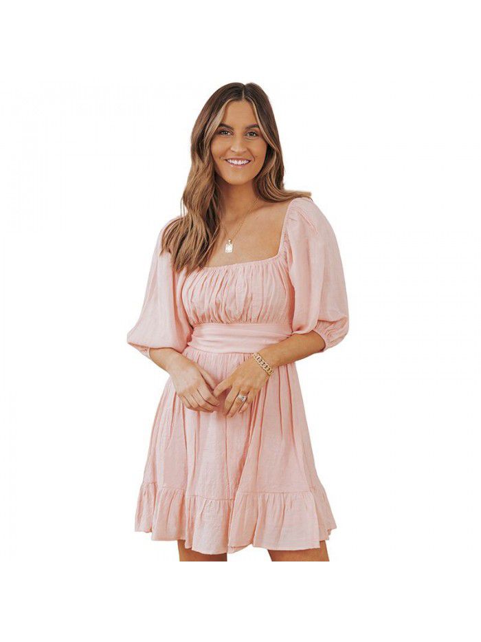 Dress Women's New Summer Off Shoulder Solid Color Lacing Ruffle Sleeves Casual Dress Women