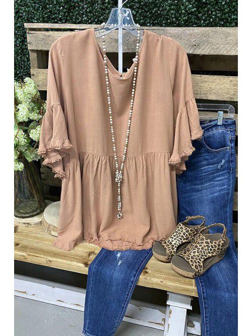 Women's top cotton and linen pleated ruffle edge s...
