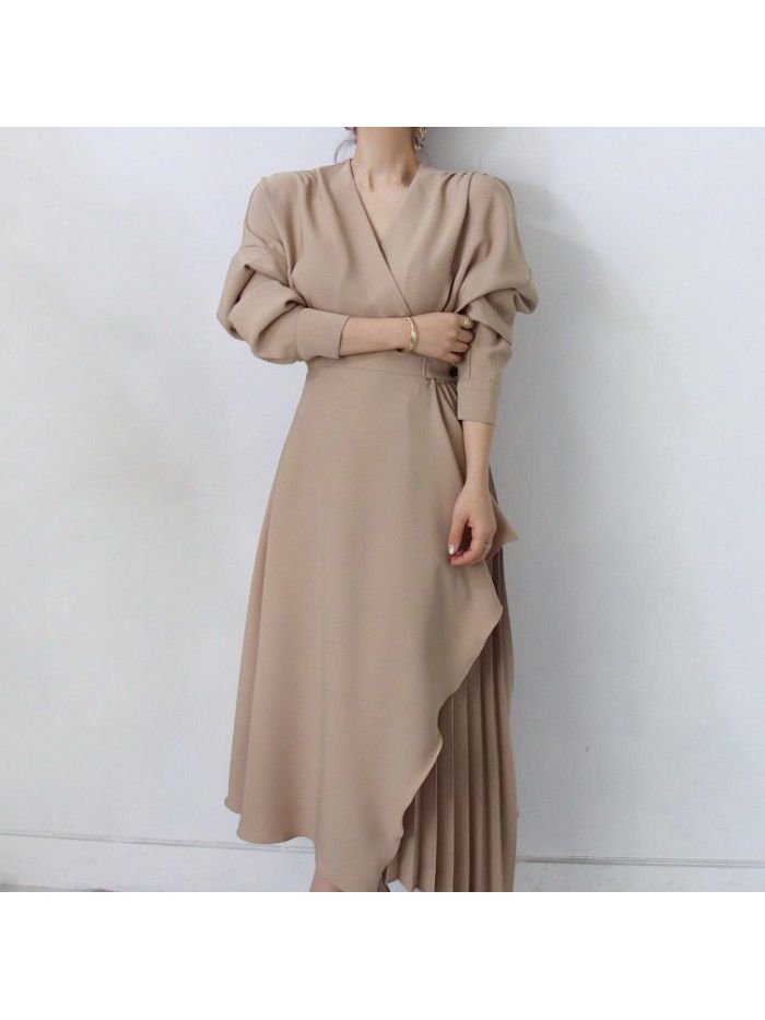 Vintage dress Long French Hepburn chiffon pleated shirt skirt Irregular V-neck long skirt Korean skirt 