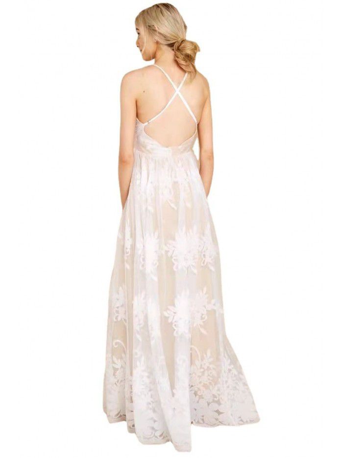New Drop Strap Deep V Sexy Mesh Embroidered Dress One Piece Dress 