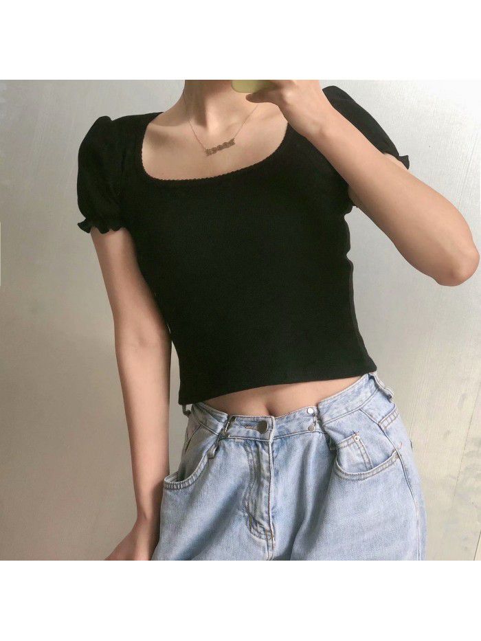 Small crowd design auricle edge bubble sleeve square collar exposed collarbone short sleeve T-shirt female 