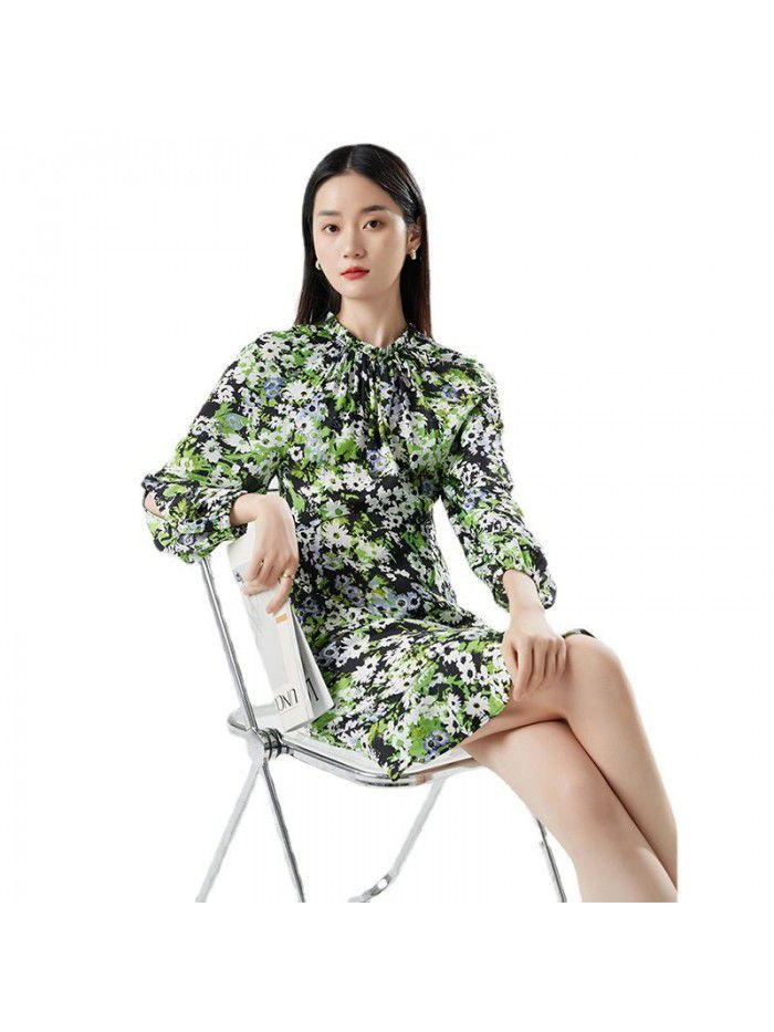 New Women's Style Commuter Bubble Sleeves High Waist A-line Dress Mid length Dress Printed Fragmented Flowers 