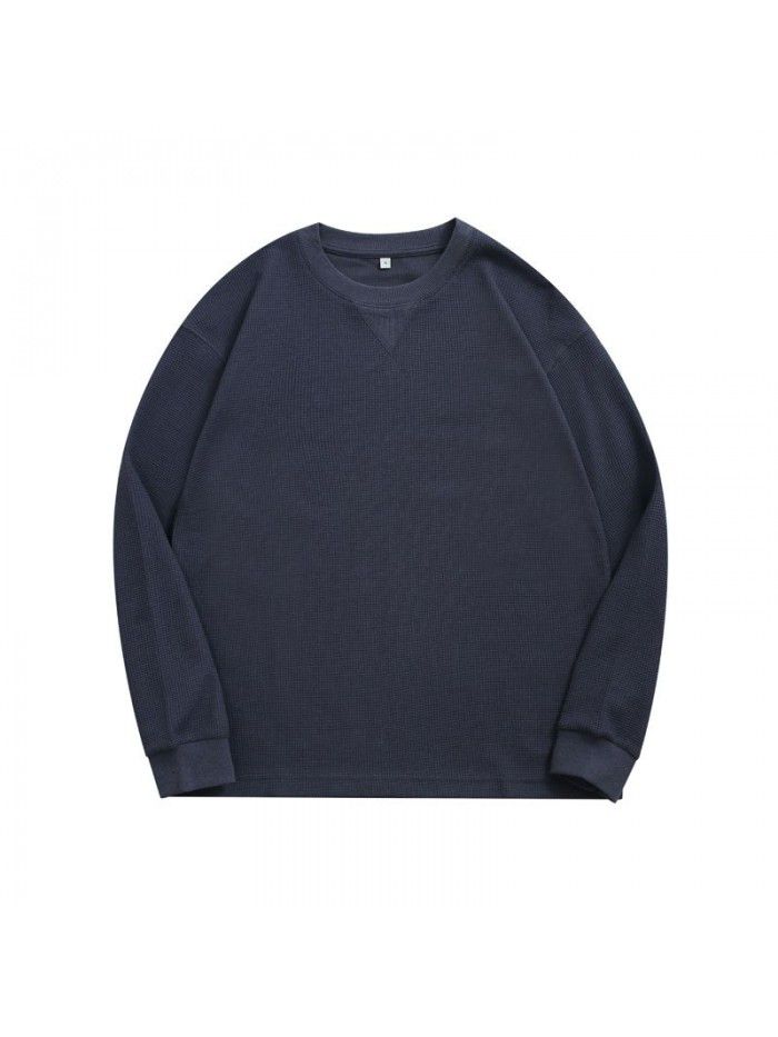 Waffle Long Sleeve T-shirt Men's Heavyweight Round Neck Loose Base Solid T-shirt 