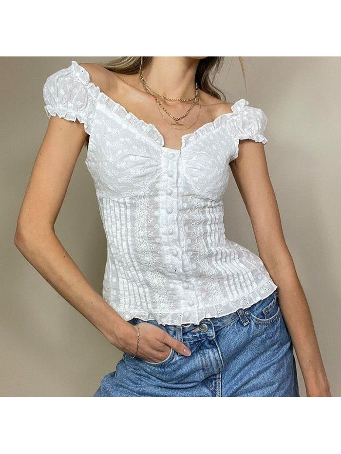 French Vintage Sexy Hook Flower Breast Fold Slim Fit Button V-neck Short Sleeve T-shirt Top Women's Spring New Style 