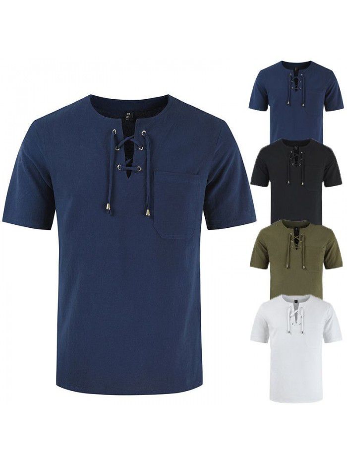 Summer New Street Men's Short Sleeve T-shirt Cotton Hemp Lacing Casual Fashion T-shirt 