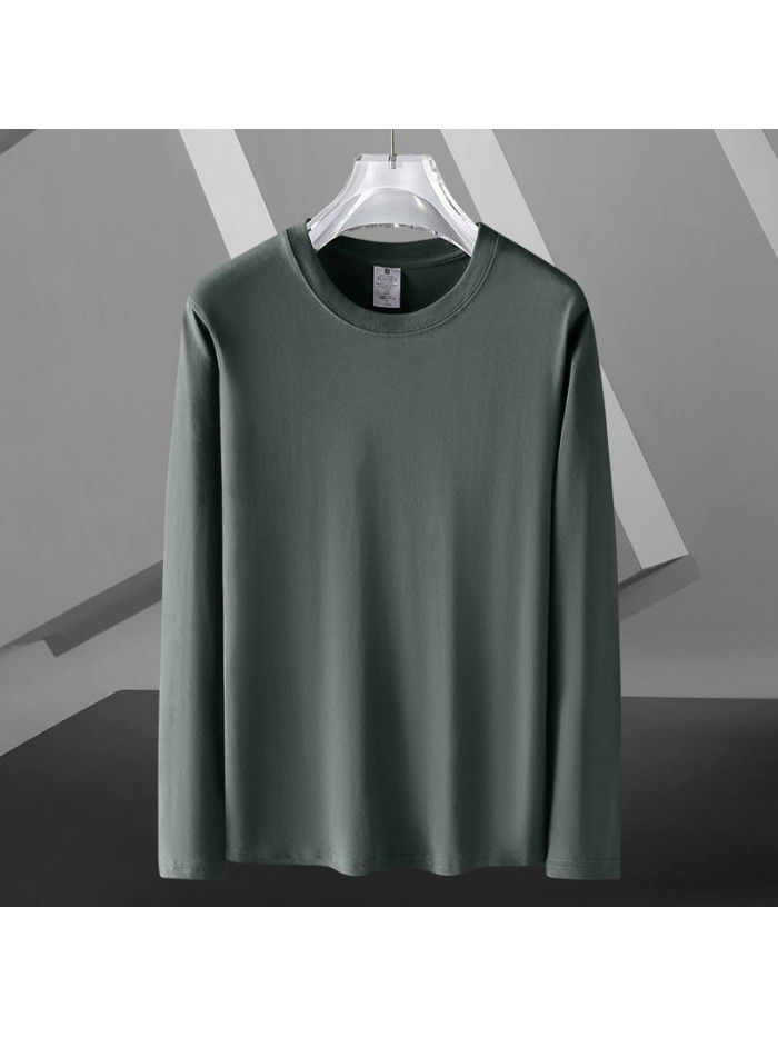 Long sleeved T-shirt for men in spring and autumn, round neck loose fitting pure white bottom shirt for men's upper garment 