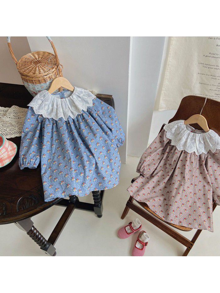 Children's retro lace ruffled collar girl's dress autumn Korean version floral long sleeved girl's dress 