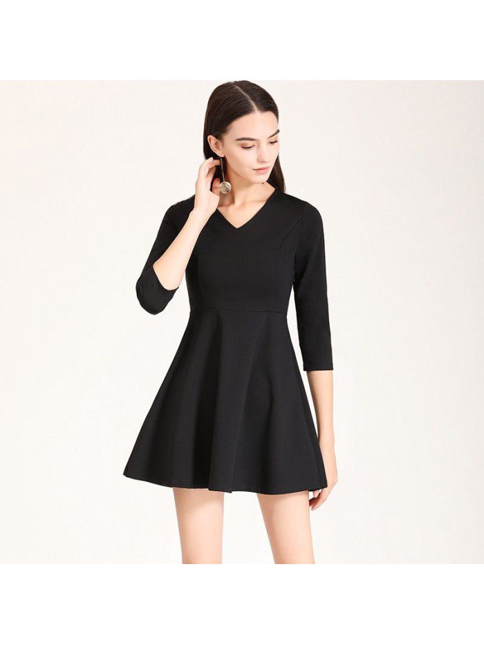 Professional Little Black Dress Autumn Dress New Elegant Slim Fit V-neck 7/4 Sleeve A-line Bottom Dress Work Uniform 