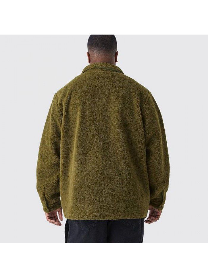 Autumn and winter loose button down lapel solid color cardigan jacket men's plush coat
