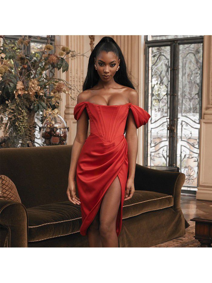 Women's New Product Shoulder Blaster, Fish Bone Slim Fit, Split Solid Color, Foreign Trade Fashion, Sexy European and American Dress 