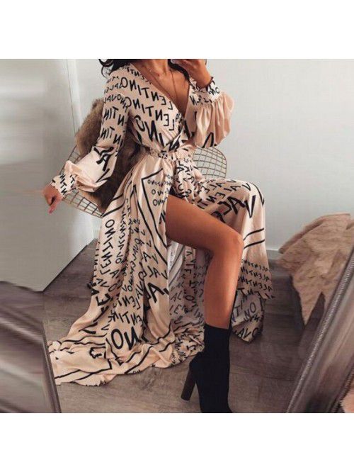 LETTERPRINTED WAIST SLITTED SEXY HEM DRESS 