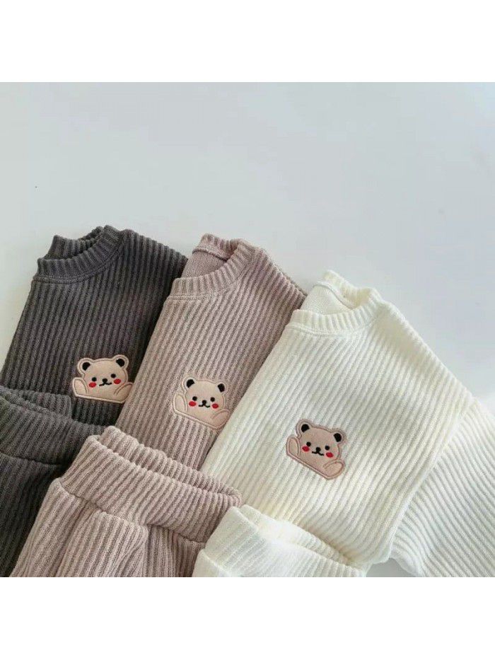 Sweater Set Autumn Bear Solid Color Set for Boys and Girls Spring 1-6 Year Old Children Autumn Set 