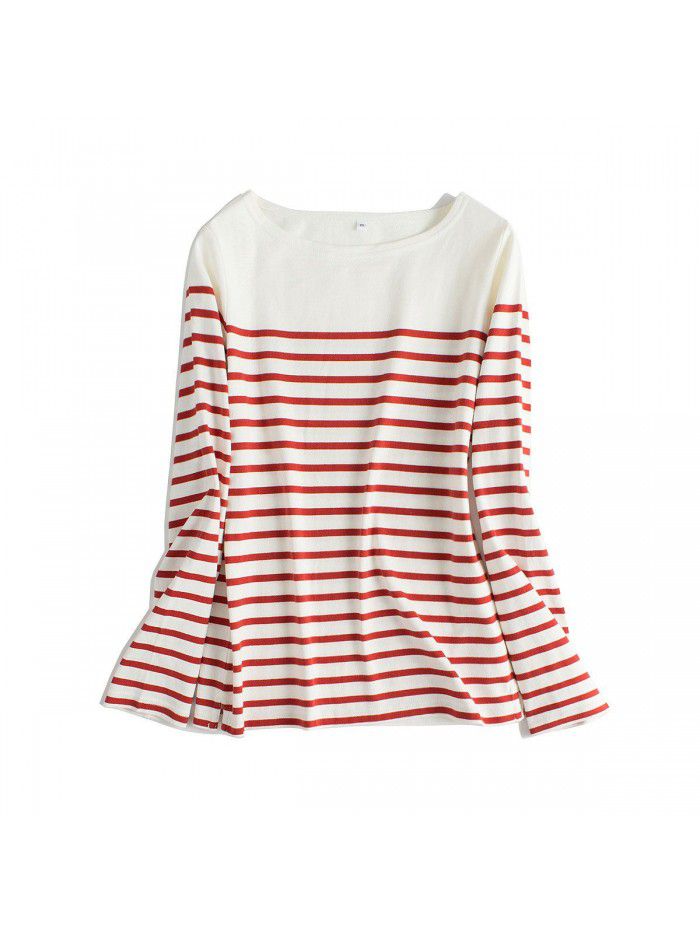New coarse cotton striped T-shirt for women with long sleeved tops and autumn bottoms for women with loose spring and autumn bottoms for women 