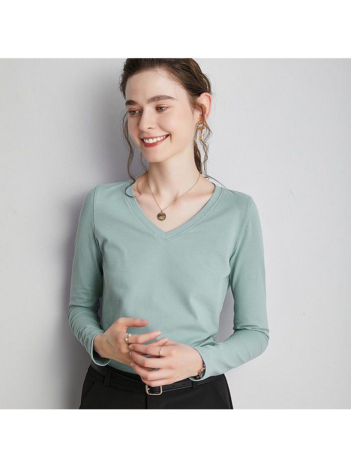 Women's Long sleeved T-shirt Women's Summer New Underlay V-neck T-shirt Loose Solid Color Simple 