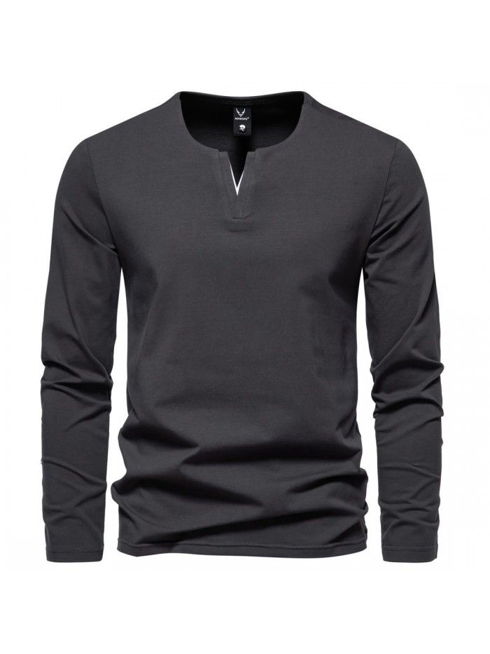 Autumn New Men's Fashion Henley T-shirt V-neck Long Sleeve T-shirt Casual Solid Underlay 
