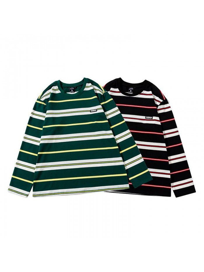 Men's retro street rainbow stripe t-shirt men's and women's loose fashion brand cotton long-sleeved couple round neck tee men 