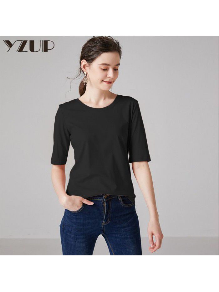New autumn mercerized cotton medium sleeve round neck t-shirt for women's pure cotton white quarter sleeve thin bottom T-shirt 