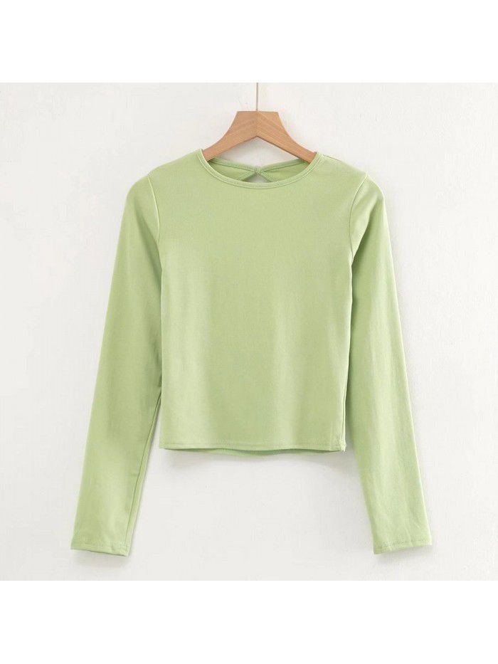 Long sleeve T-shirt sexy water drop large open back fashion women's autumn and winter solid color round neck short slim top 