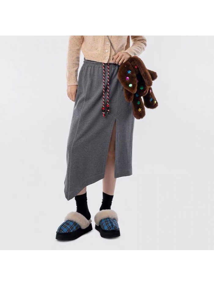Simple and casual design, irregular split drawstring A-line half skirt, women's slim half skirt 