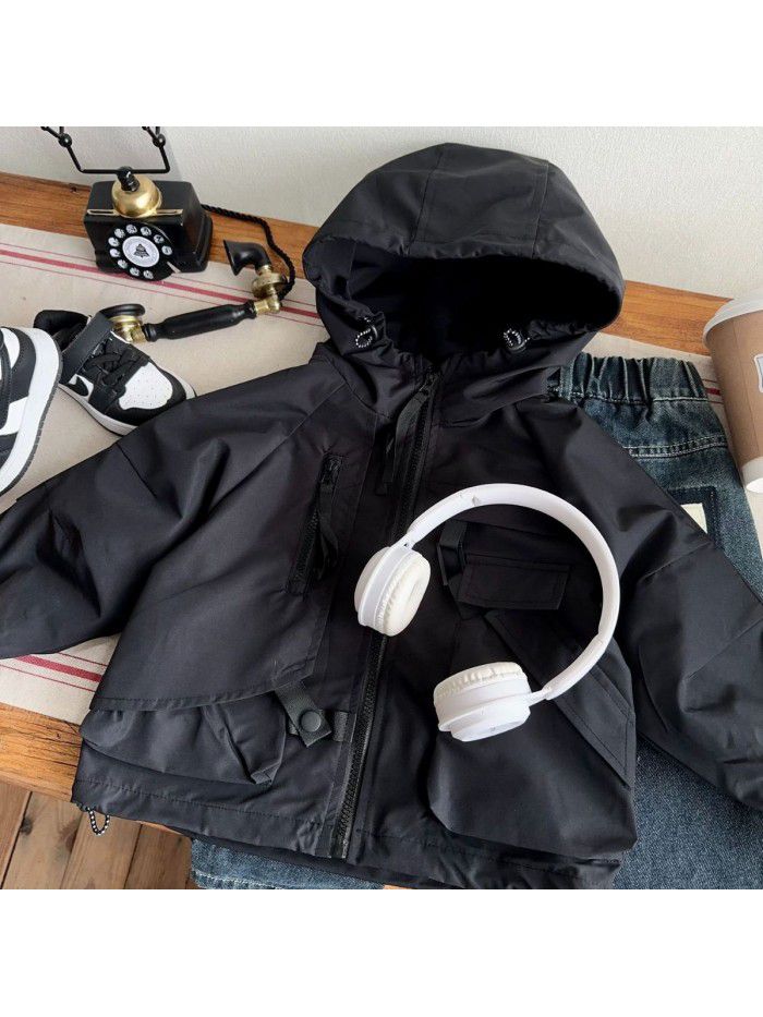 Children's versatile solid color jacket Children's clothing Autumn new baby top Korean version boys' black jacket 
