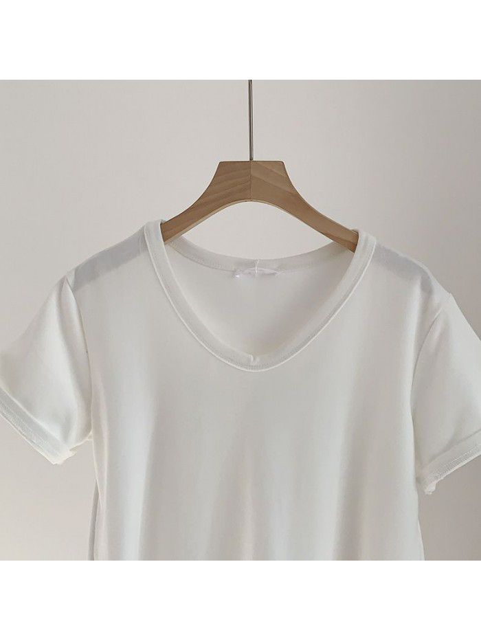 V-neck brushed T-shirt for women's early autumn new product temperament Korean Morandi solid color versatile short sleeved T-shirt for women 