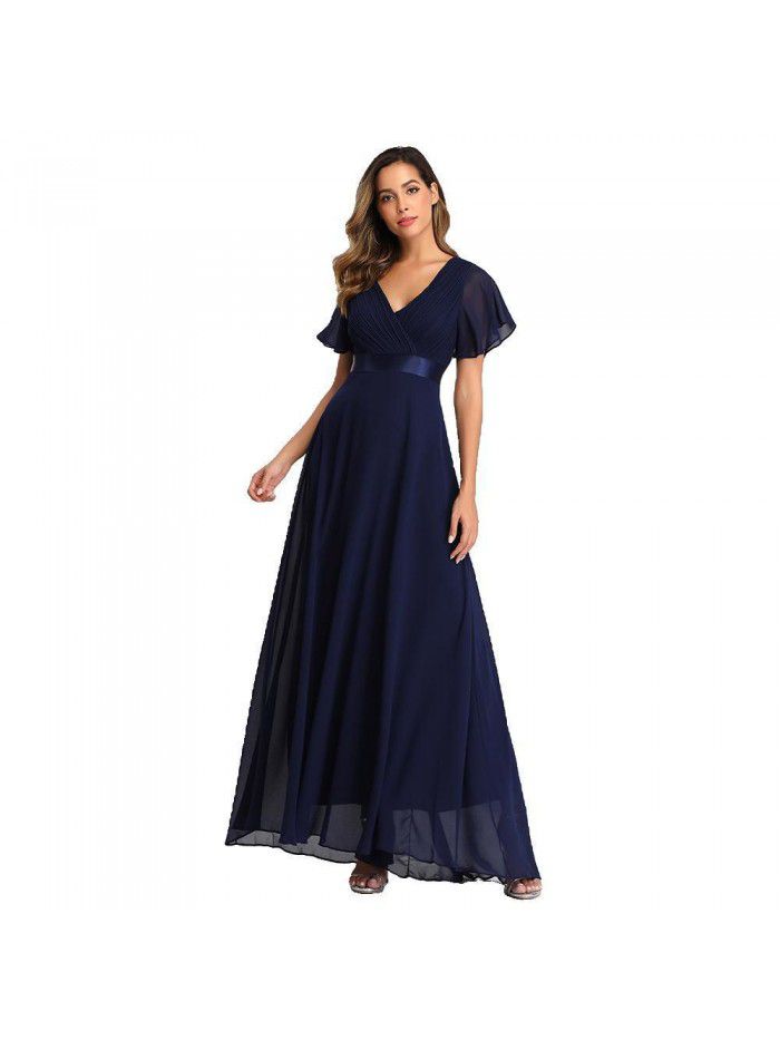 Spring/Summer Handmade Folded Big Swing Double V-neck Flare Sleeve Dress Elastic Chiffon Banquet Bridesmaid Large Evening Dress 