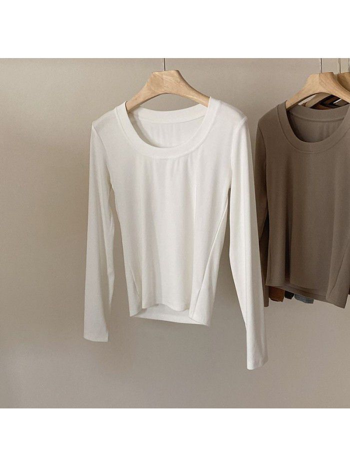 Practical and minimalist round neck long sleeved t-shirt for women's basic versatile slim fitting top 