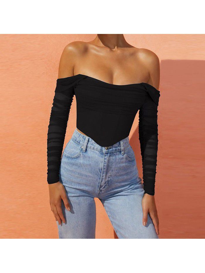mesh fishbone perspective one line collar exposed navel short T-shirt top for women 