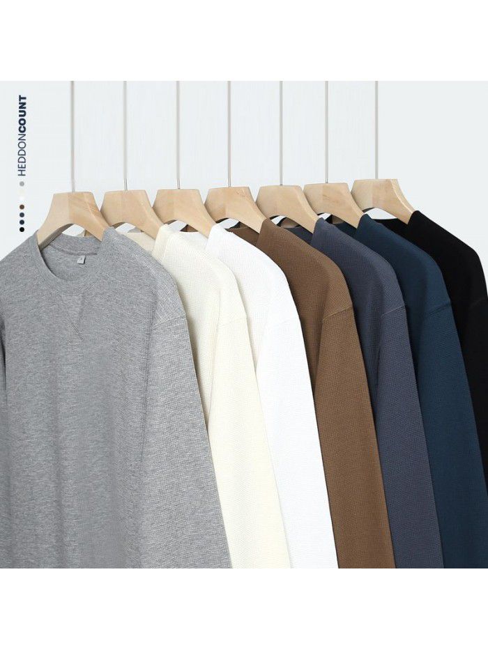Waffle Long Sleeve T-shirt Men's Heavyweight Round Neck Loose Base Solid T-shirt 