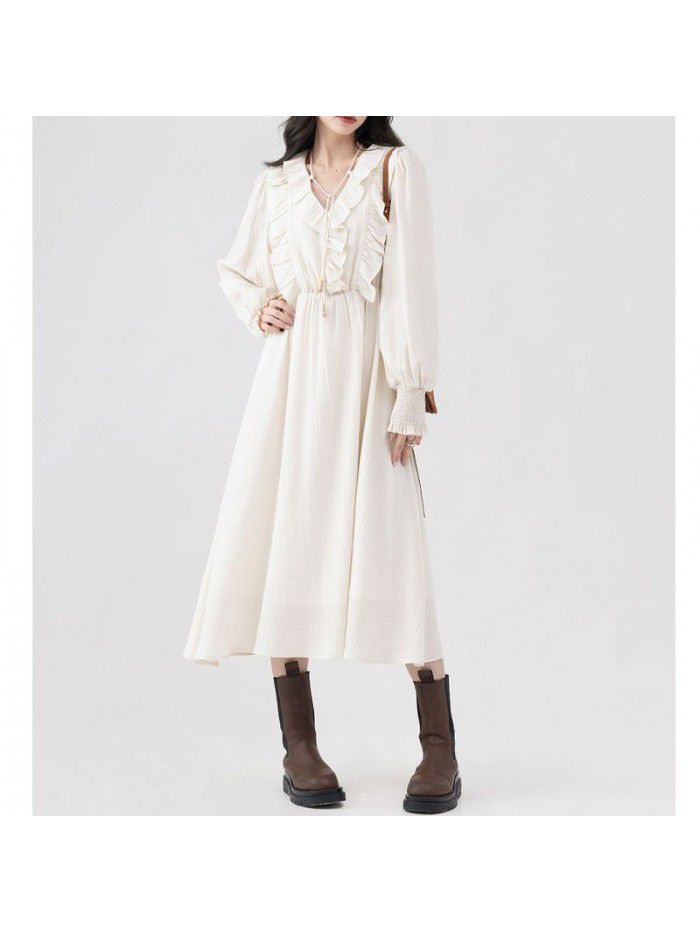 New Year Sweet and Gentle V-neck Apricot Long Dress Versatile Commuter Waist Slim A-line Dress 