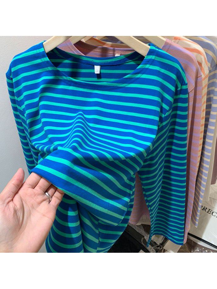 Cotton loose striped bottom shirt for women with spring and autumn Korean design sense long-sleeved T-shirt round neck versatile top 